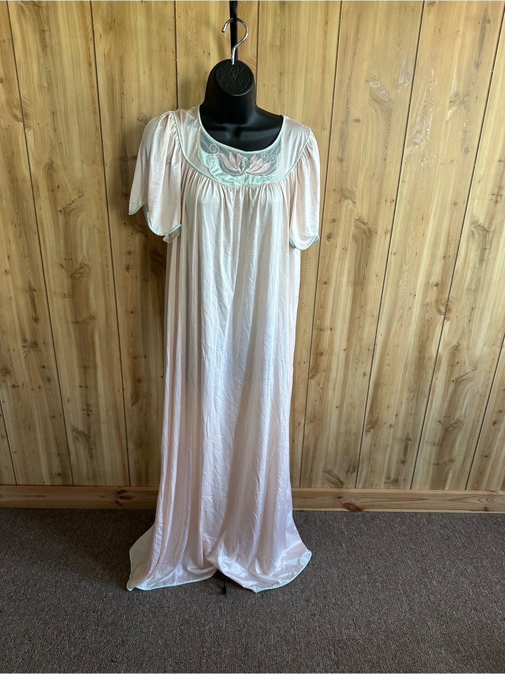 Women's pale pink Nightgown with Mint Embroidered Yoke, Vintage negligee, USA